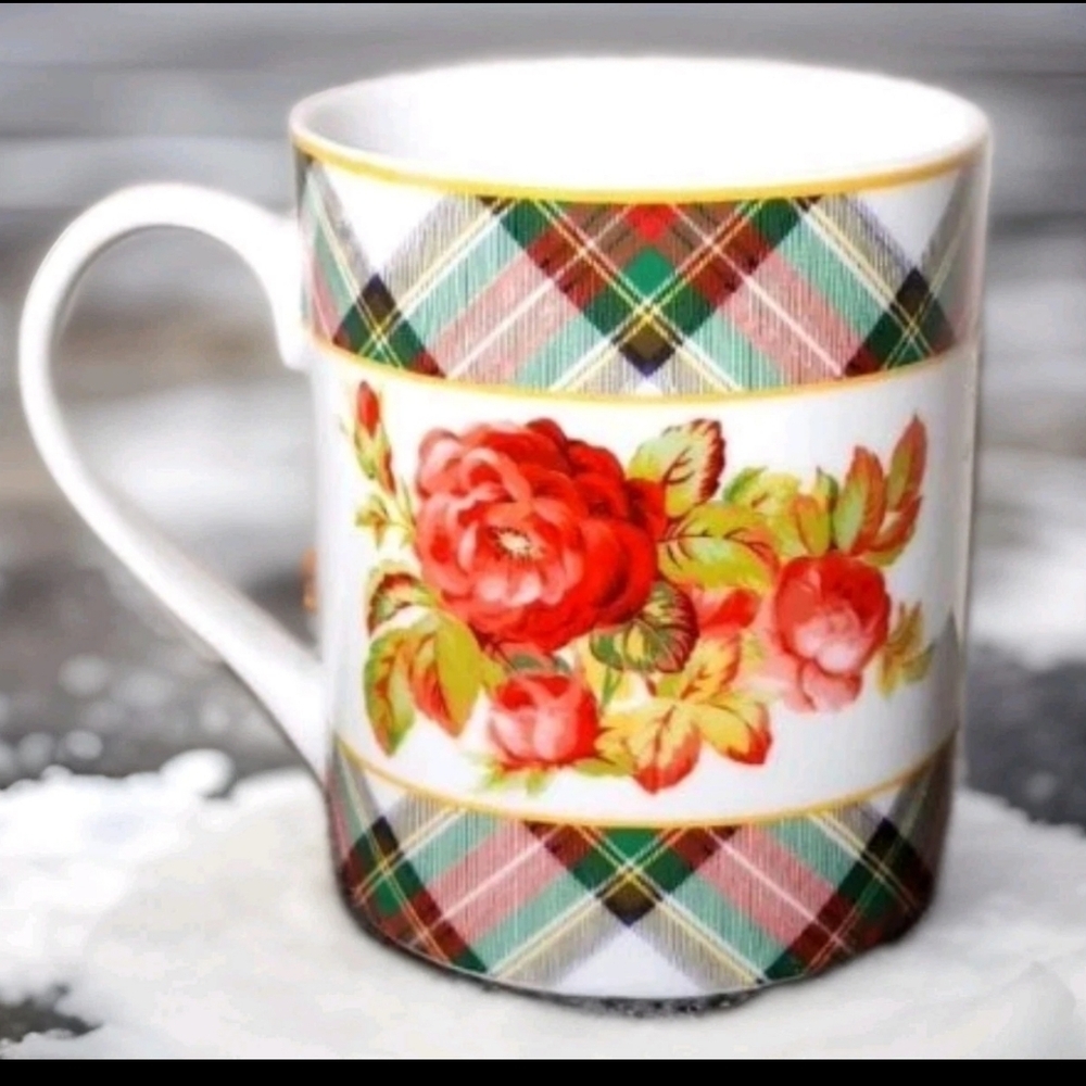 Ralph Lauren China Skyler Floral  Coffee Cup Mug Tartan Plaid Set Of 2